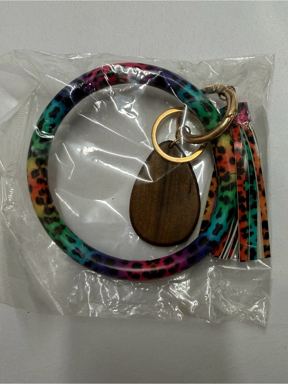 Multicolor Leopard Print Bangle Keychain with Wood Tag